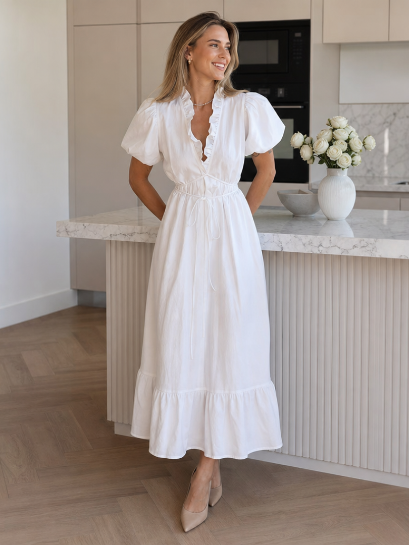 Okea puff-sleeve ruffle-hem tie-waist maxi dress — front view