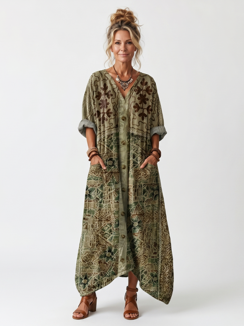 Aleta embroidered button-front kaftan maxi dress — front view