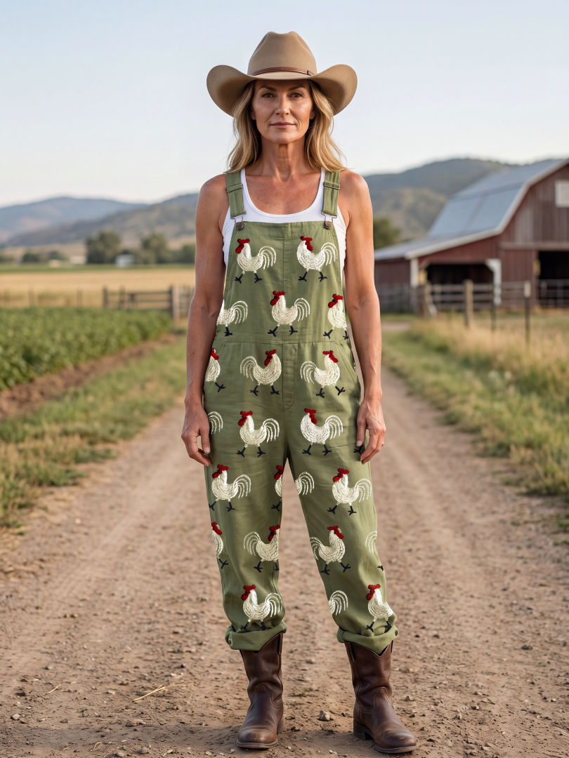 Cassia rooster print bib-front dungarees — front view