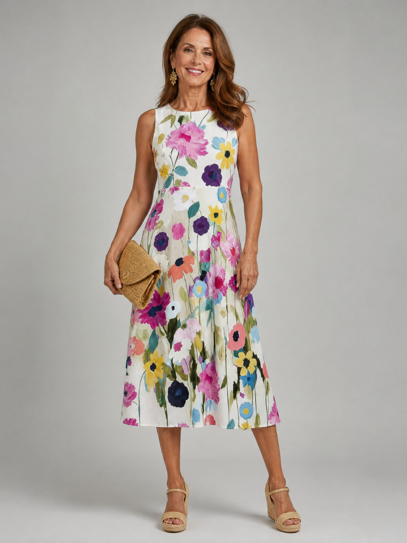 Flory watercolour floral pleated midi dress — front view