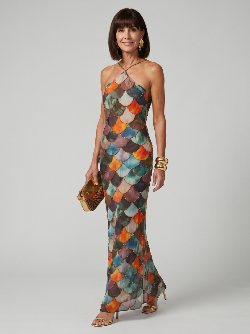 Larkin mosaic print halterneck column maxi dress — front view