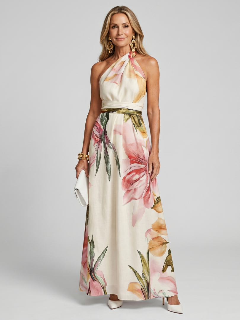 Hester watercolour floral halterneck maxi dress with sash — front view
