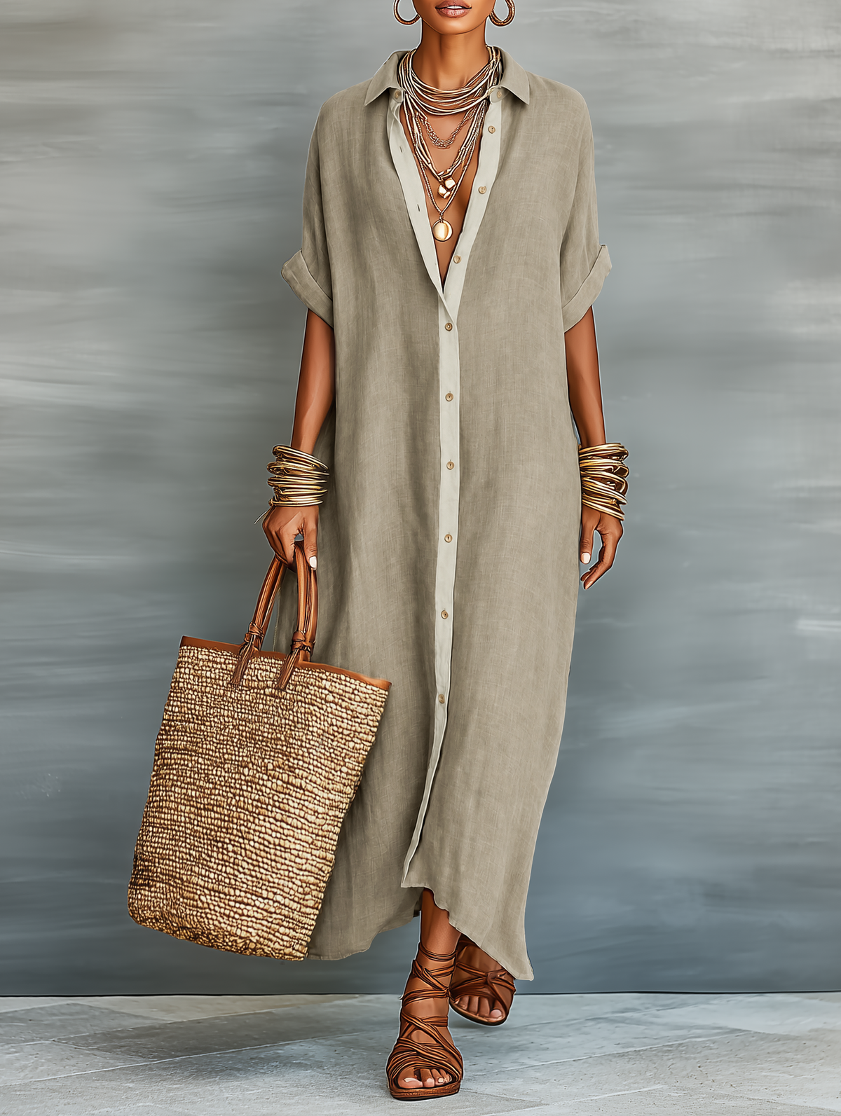 Poppy | Linen Blend Short Sleeve Resort Maxi Shirt Dress