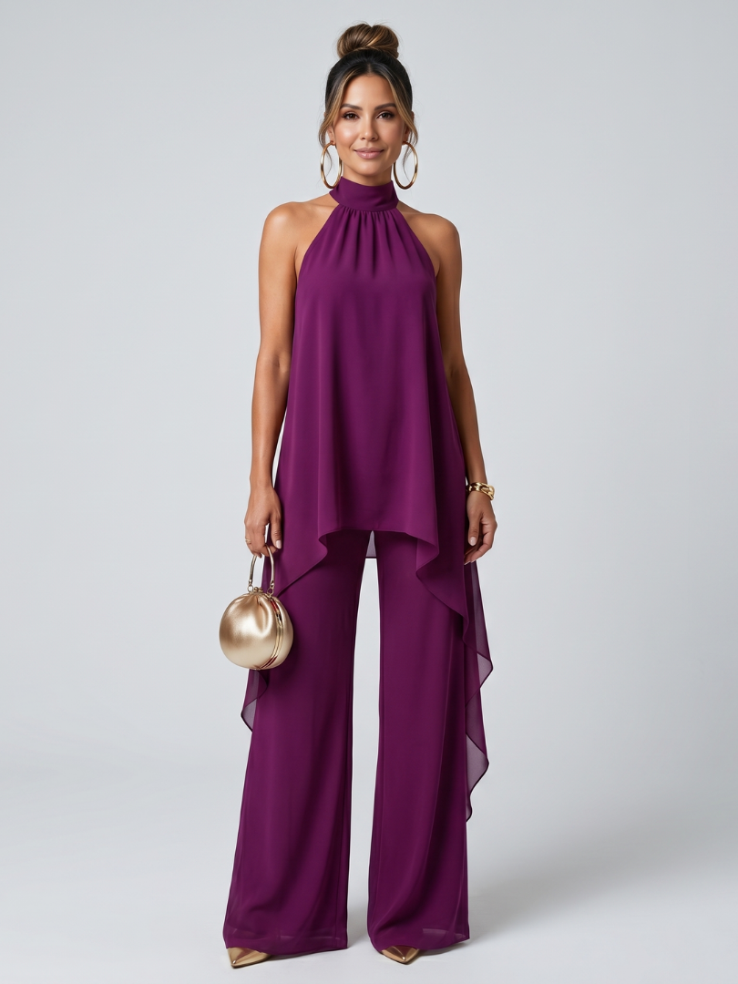 Zareen draped cascade tunic and wide-leg trouser two-piece set — front view