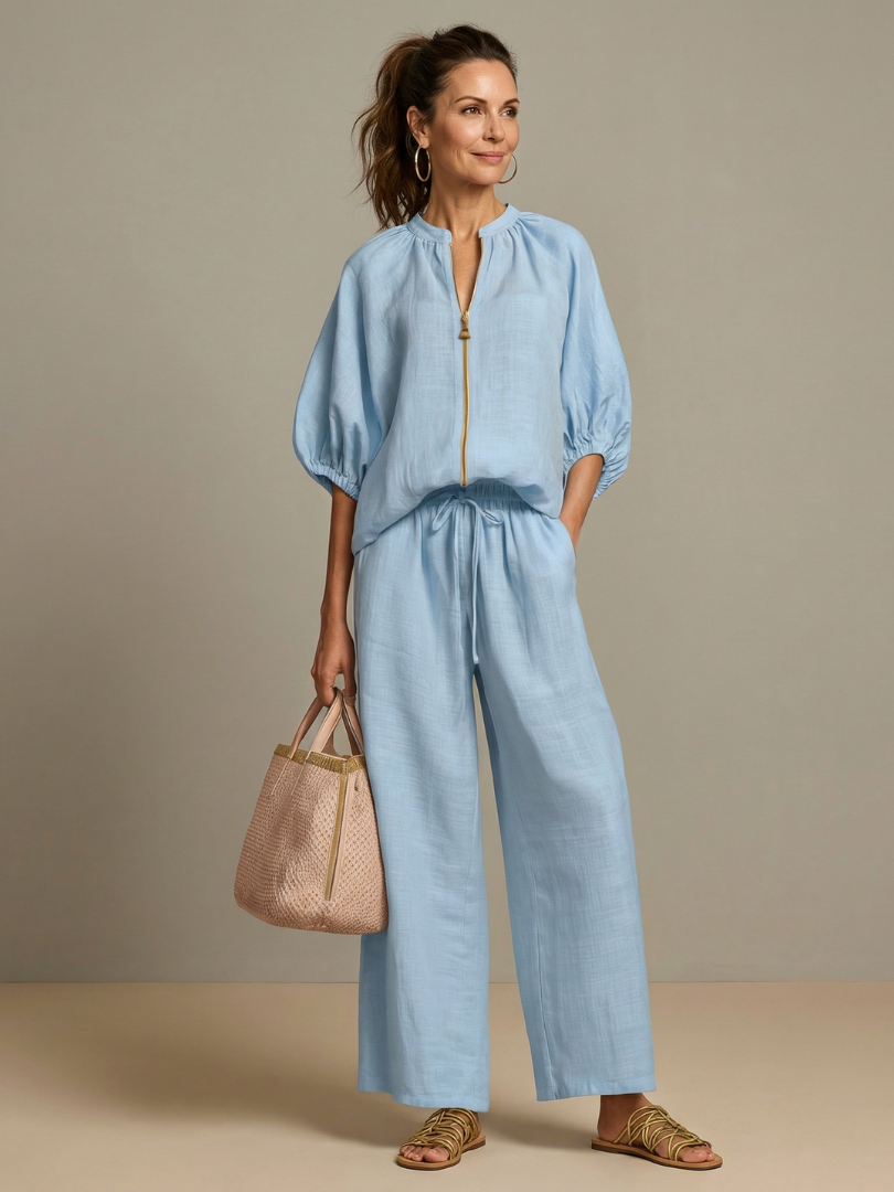 Natalia zip-front blouson top and wide-leg trouser two-piece set — front view