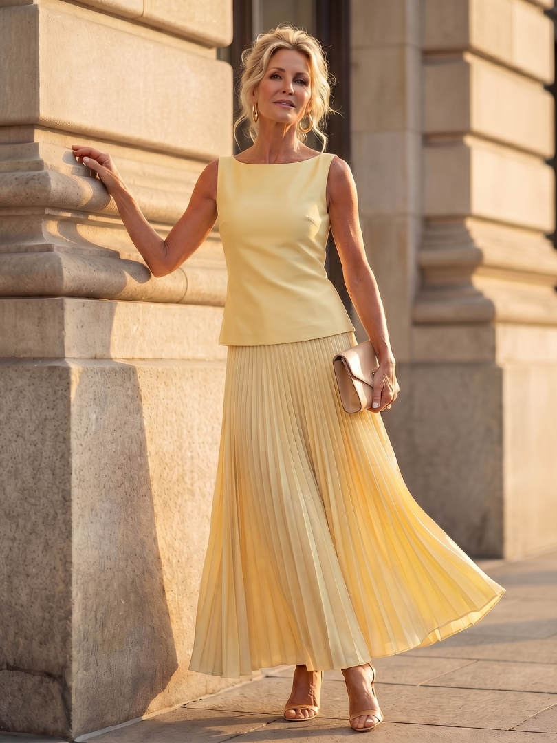 Rhodes boat-neck shell top and pleated maxi skirt two-piece set — front view
