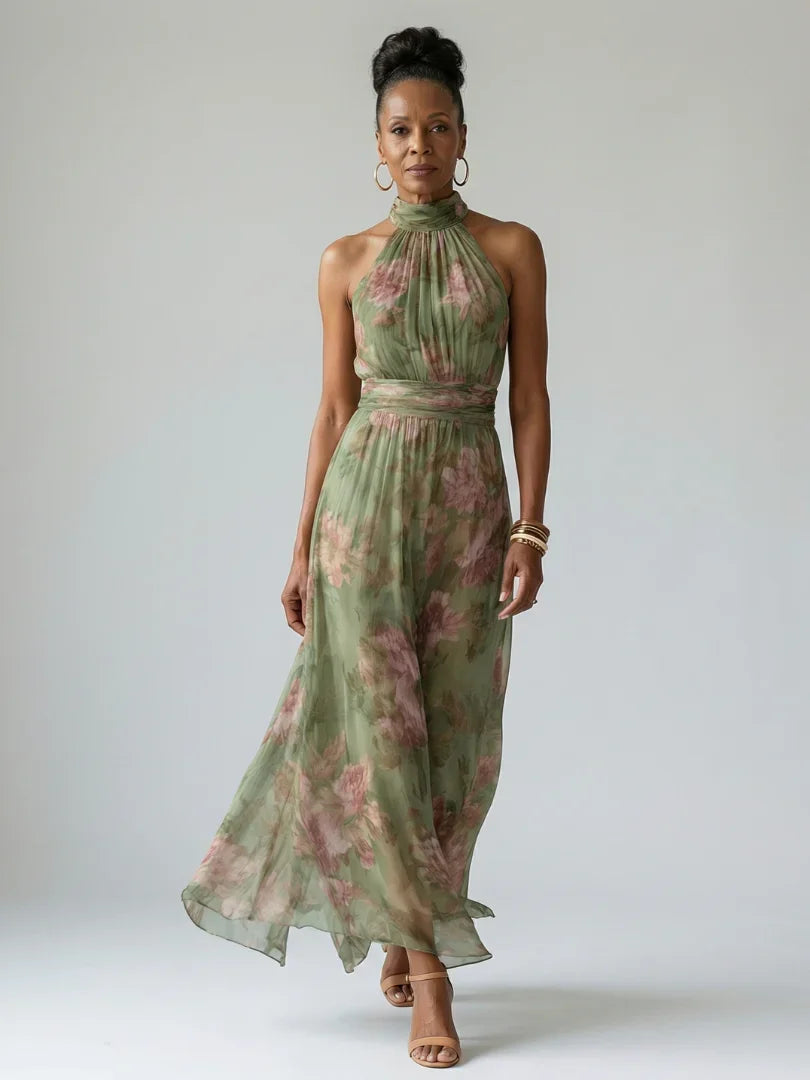 Mirelle floral halterneck gathered maxi dress — styled view