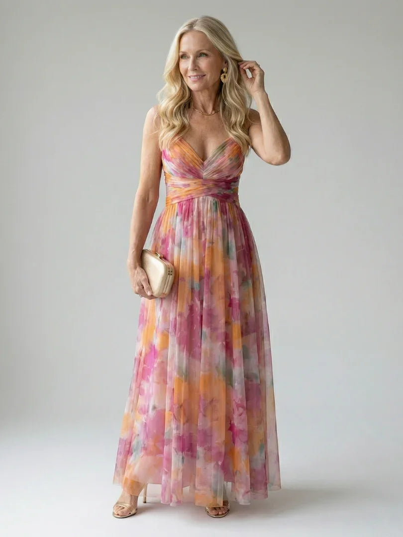 Isel watercolour floral ruched wrap maxi dress — front view