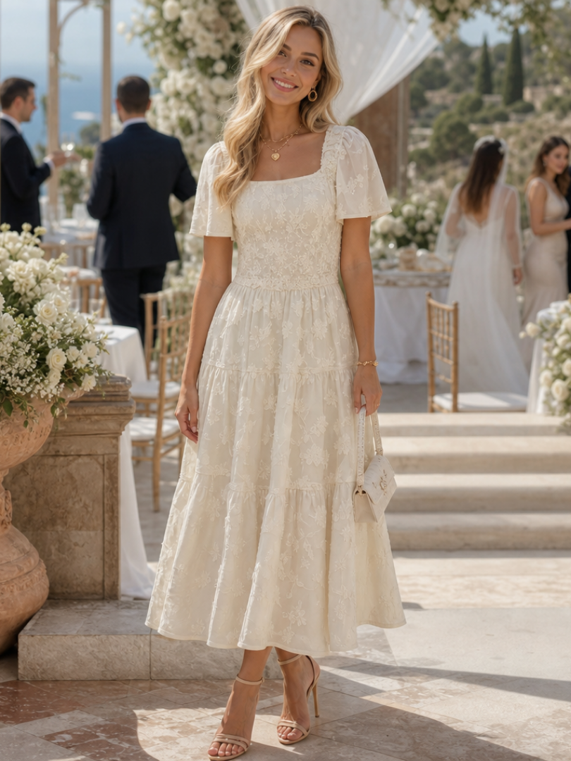 Elaria textured floral square-neck tiered midi dress — front view