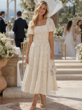 Elaria textured floral square-neck tiered midi dress — front view