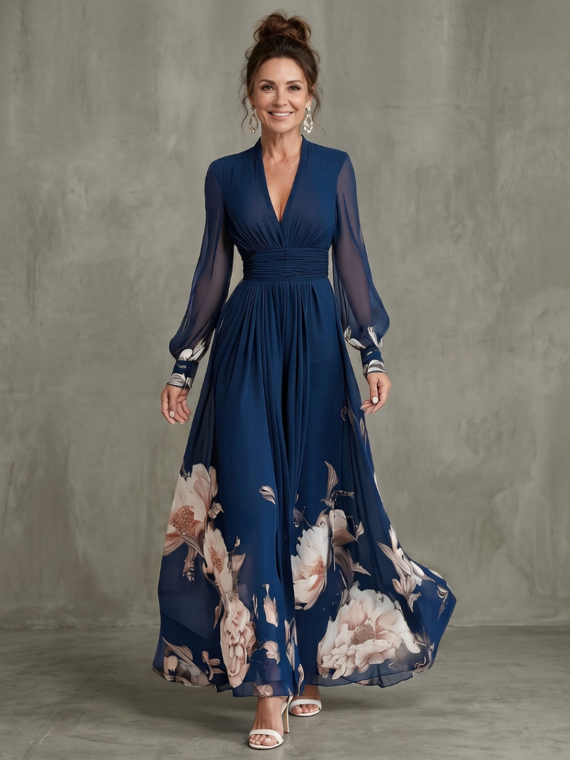 Ziva sheer-sleeve pleated floral maxi dress — front view