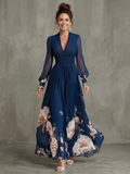 Ziva sheer-sleeve pleated floral maxi dress — front view