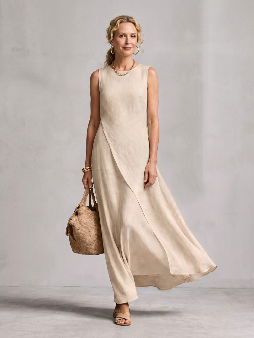 Hyacinth asymmetric wrap-panel high-neck maxi dress — front view