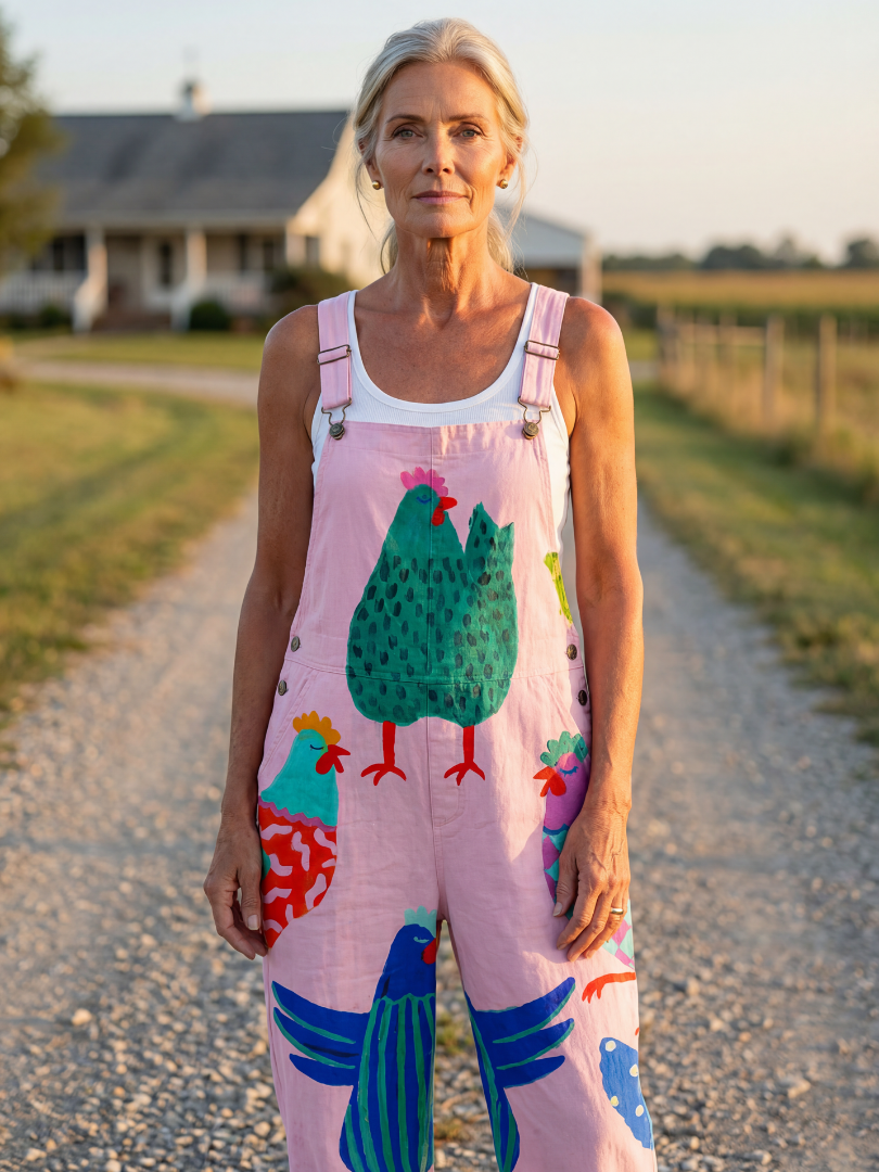 Sanna hen print bib-front dungarees — front view