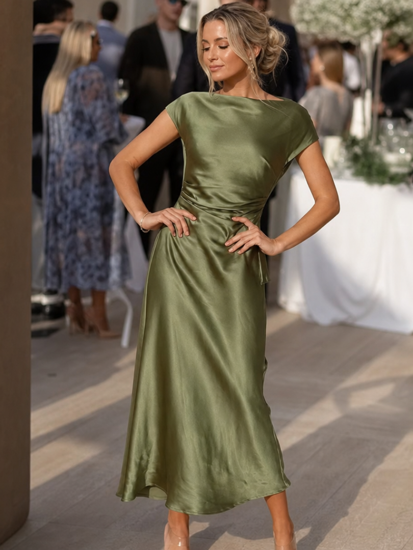 Elure boat-neck side-ruched satin-finish midi dress — front view