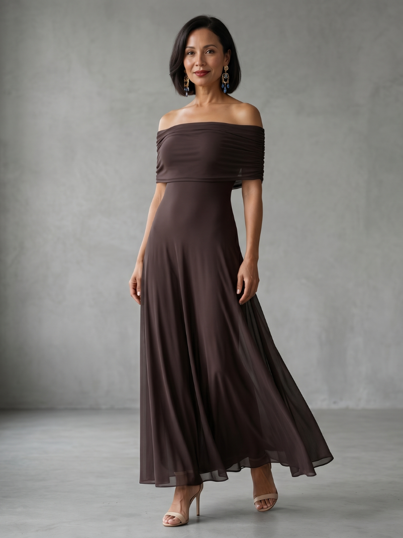 June off-shoulder draped-band maxi dress — front view