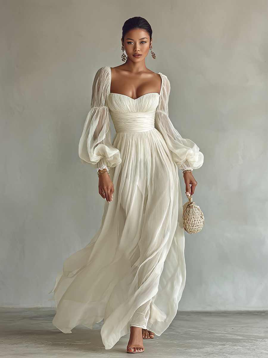 Verity sweetheart corset chiffon maxi dress with puff sleeves — detail view