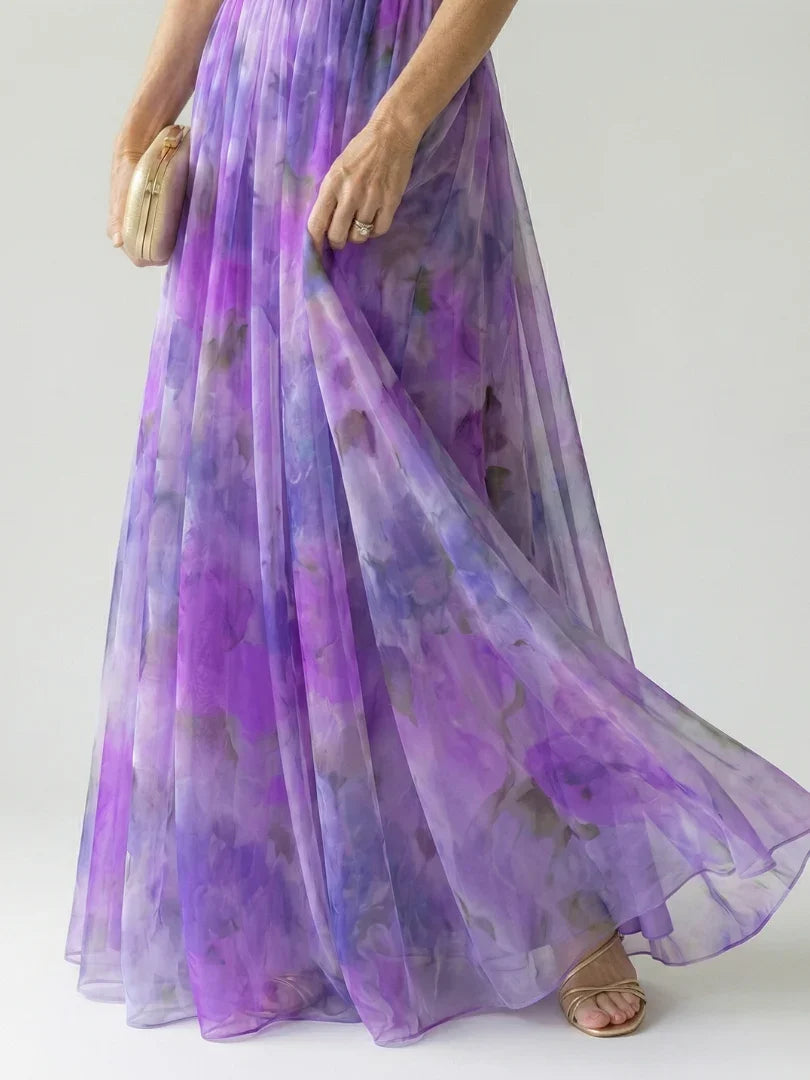 Isel watercolour floral ruched wrap maxi dress — detail view