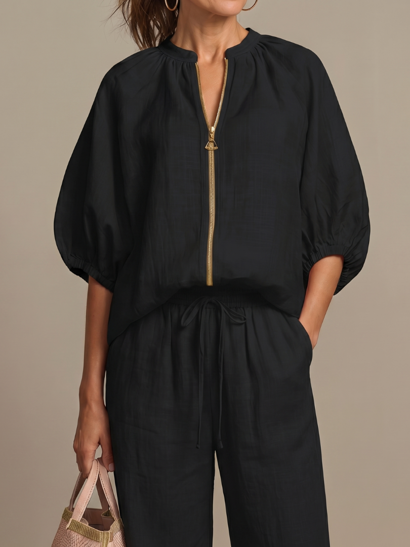 Natalia zip-front blouson top and wide-leg trouser two-piece set — detail view