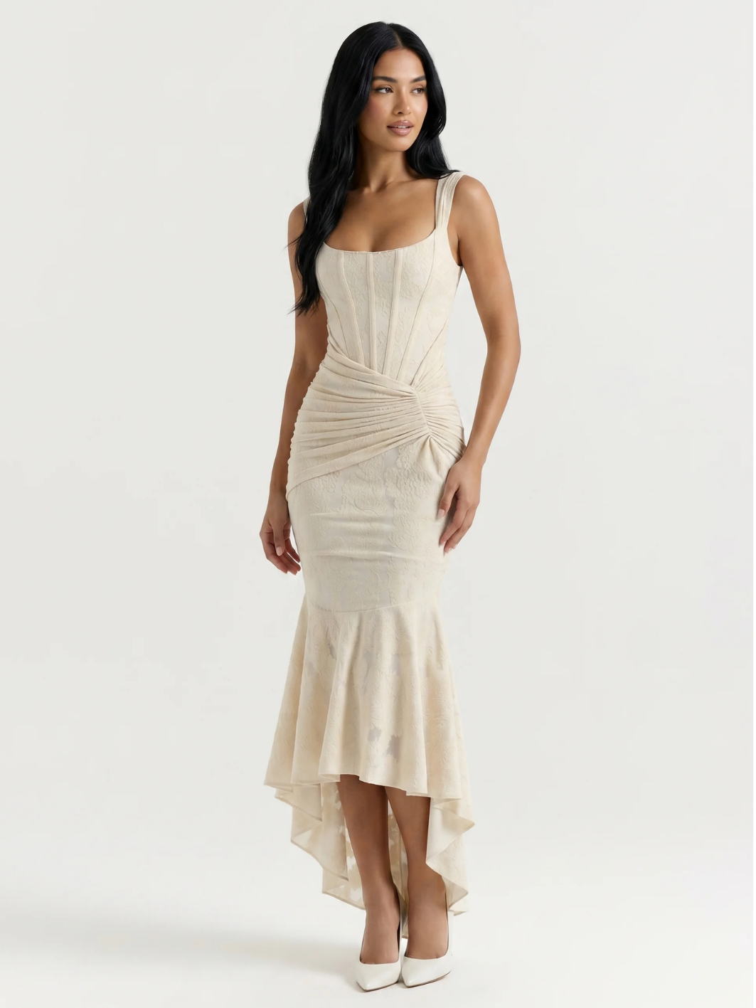 Paige corset bodice ruched high-low midi dress — front view