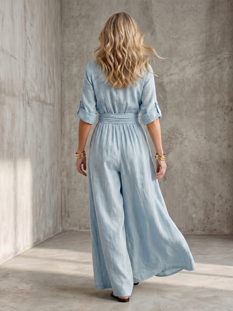 Wanda crossover wide-leg palazzo jumpsuit — side view