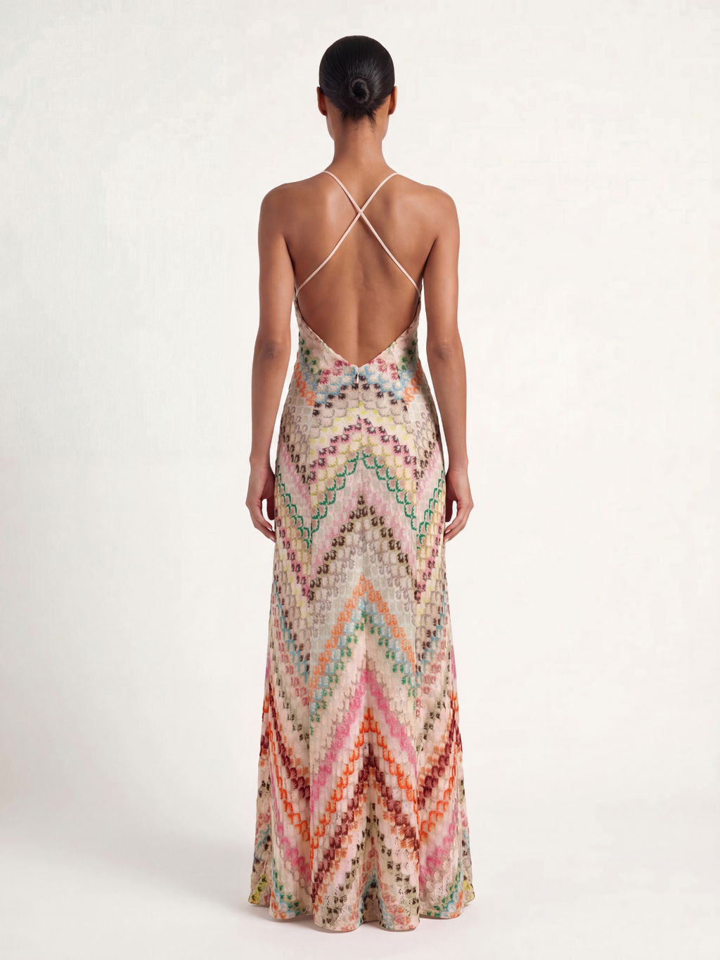 Jules crochet knit chevron maxi dress in multicolour — back view