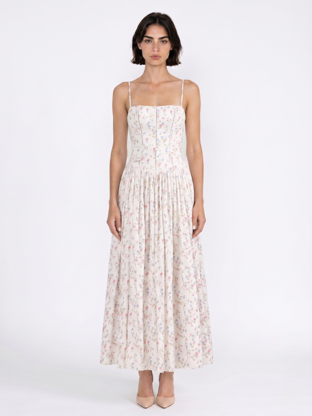 Sage floral spaghetti-strap midi dress with gathered skirt — detail view