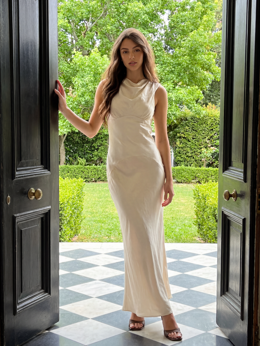 Odette cowl-neck open-back satin maxi dress in olive green — front view