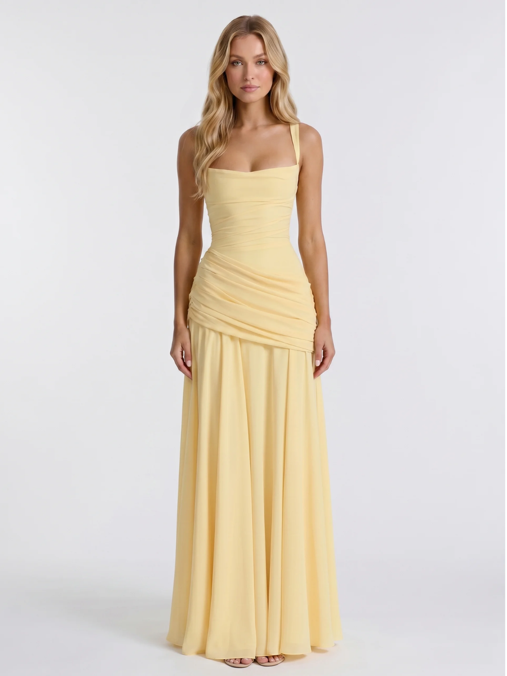 Zara square-neck ruched maxi dress with draped waist — front view
