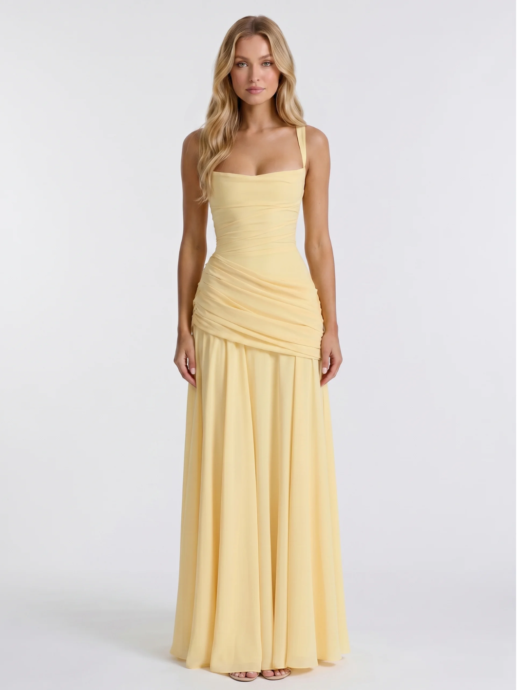 Zara square-neck ruched maxi dress with draped waist — front view