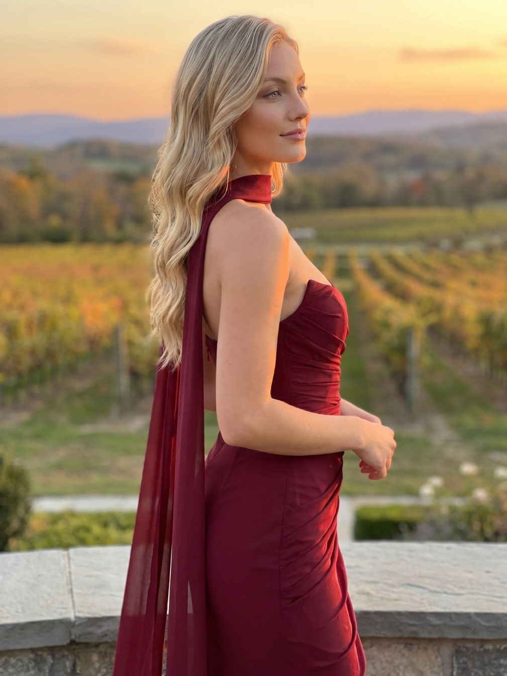 Amity corset, maxi skirt and scarf three-piece set in burgundy — full-length view