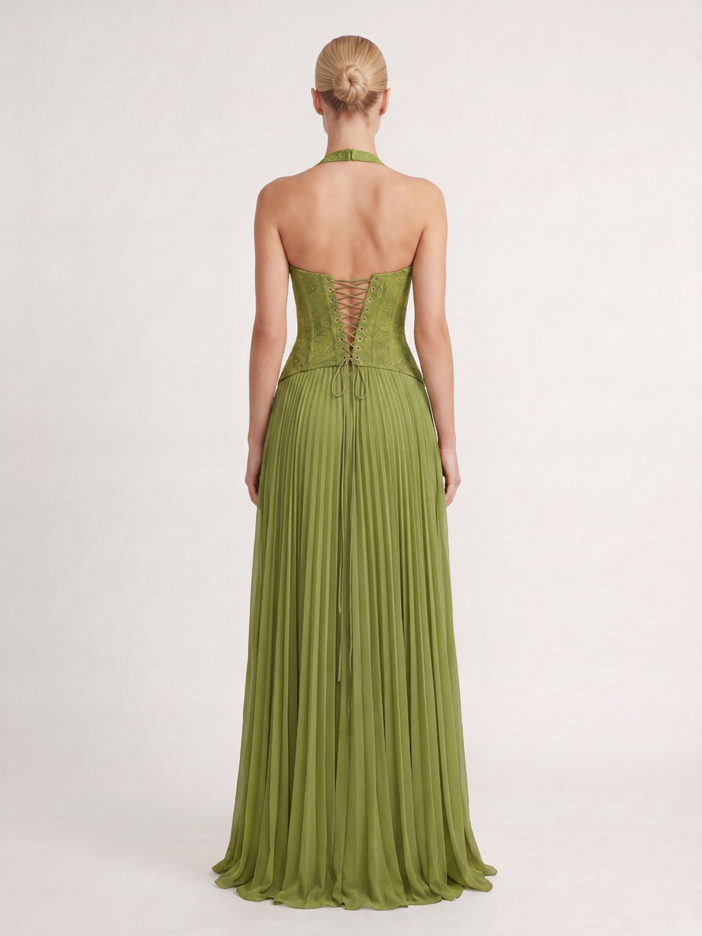 Tamsin halter lace corset pleated maxi dress in Green — back view