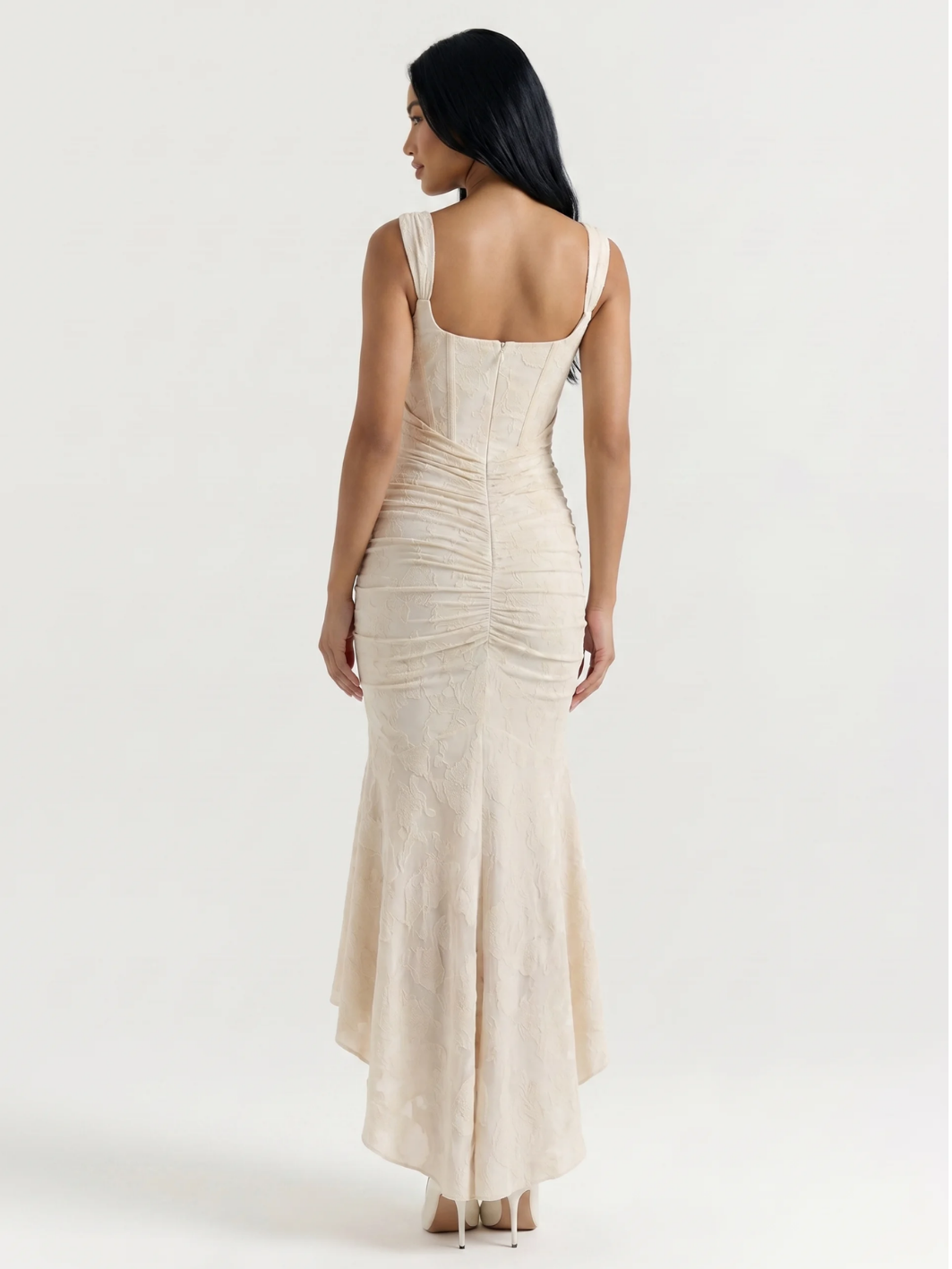 Paige corset bodice ruched high-low midi dress — back view