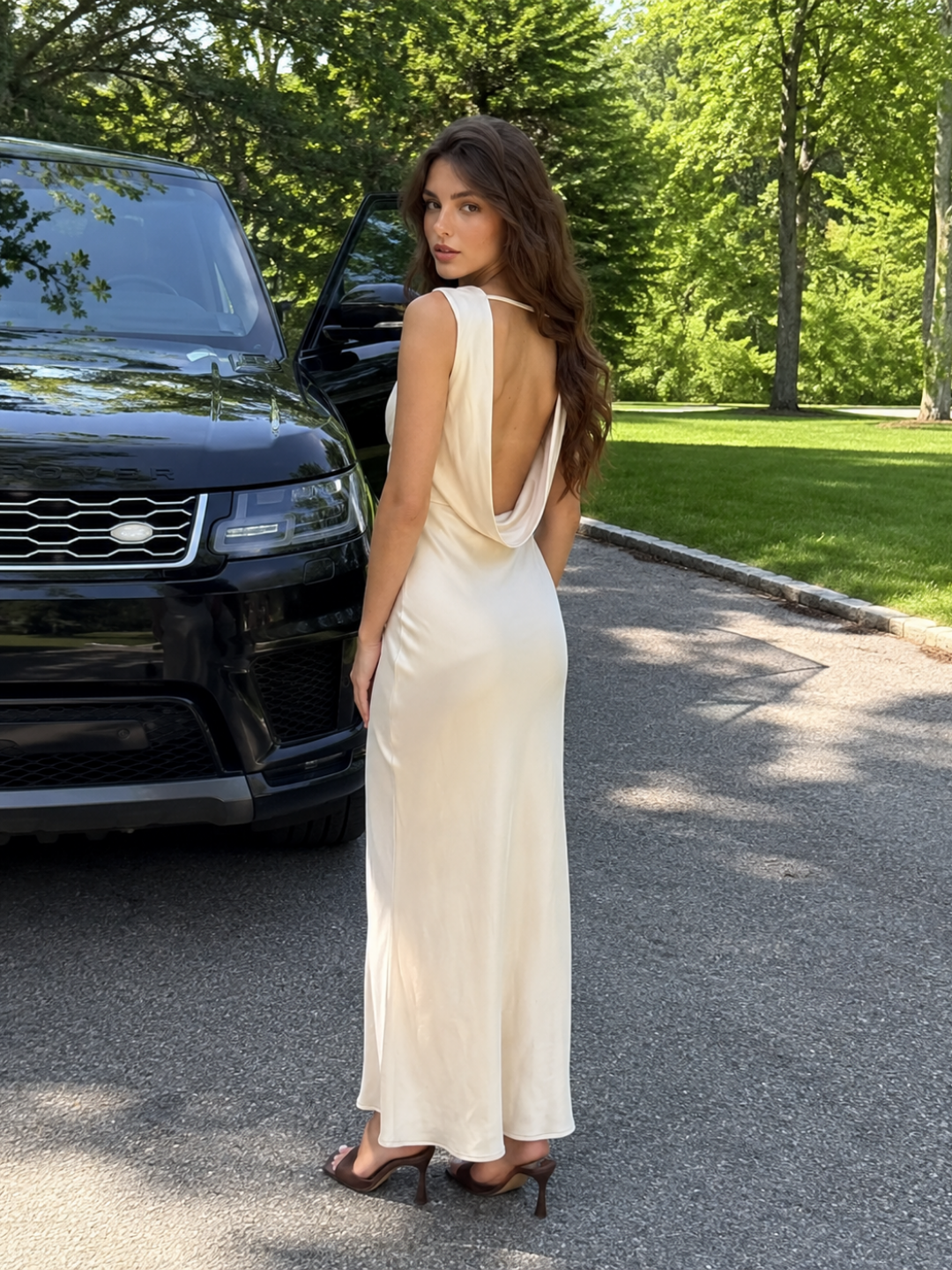 Odette cowl-neck open-back satin maxi dress in olive green — back view