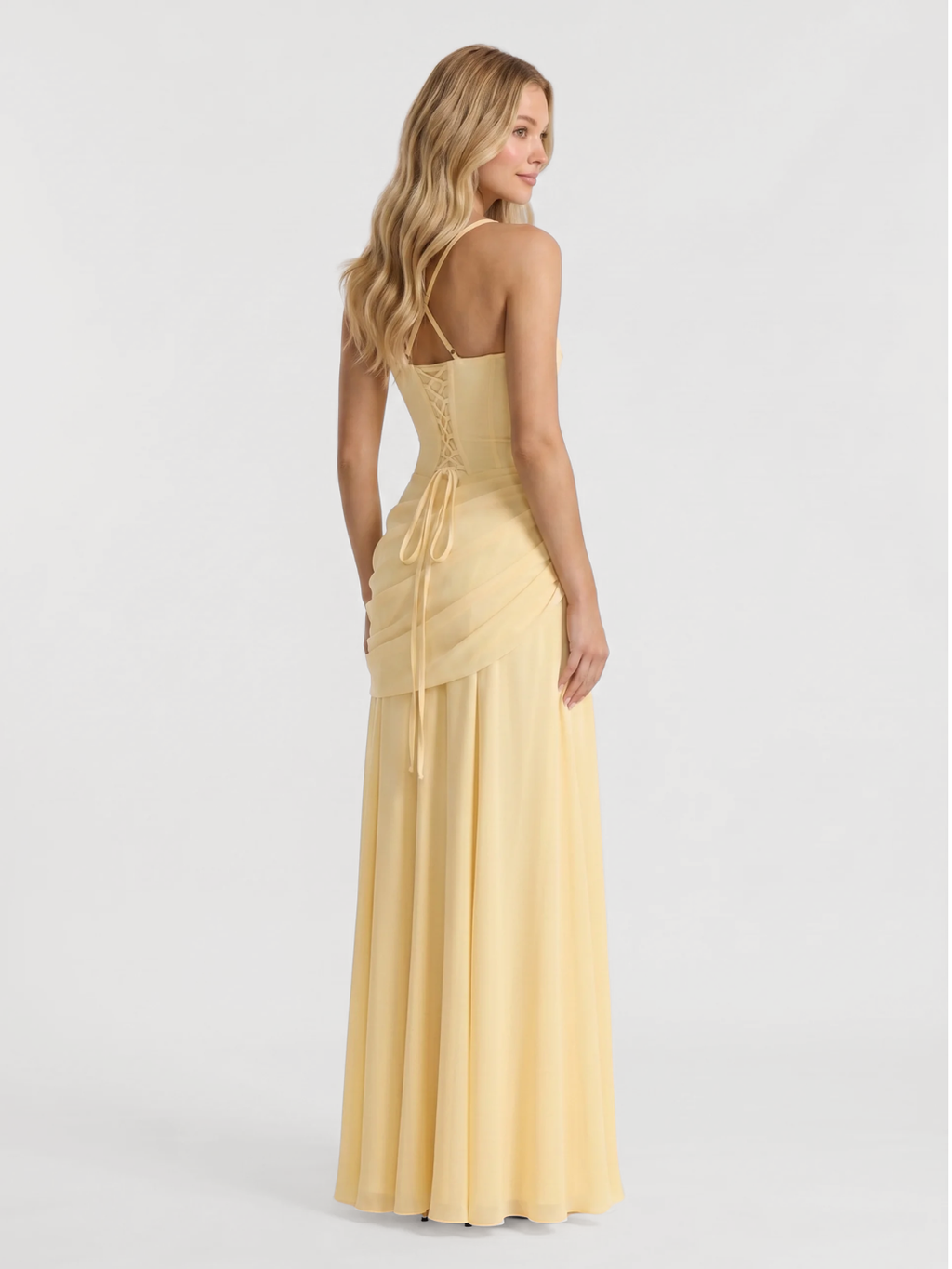 Zara square-neck ruched maxi dress with draped waist — back view