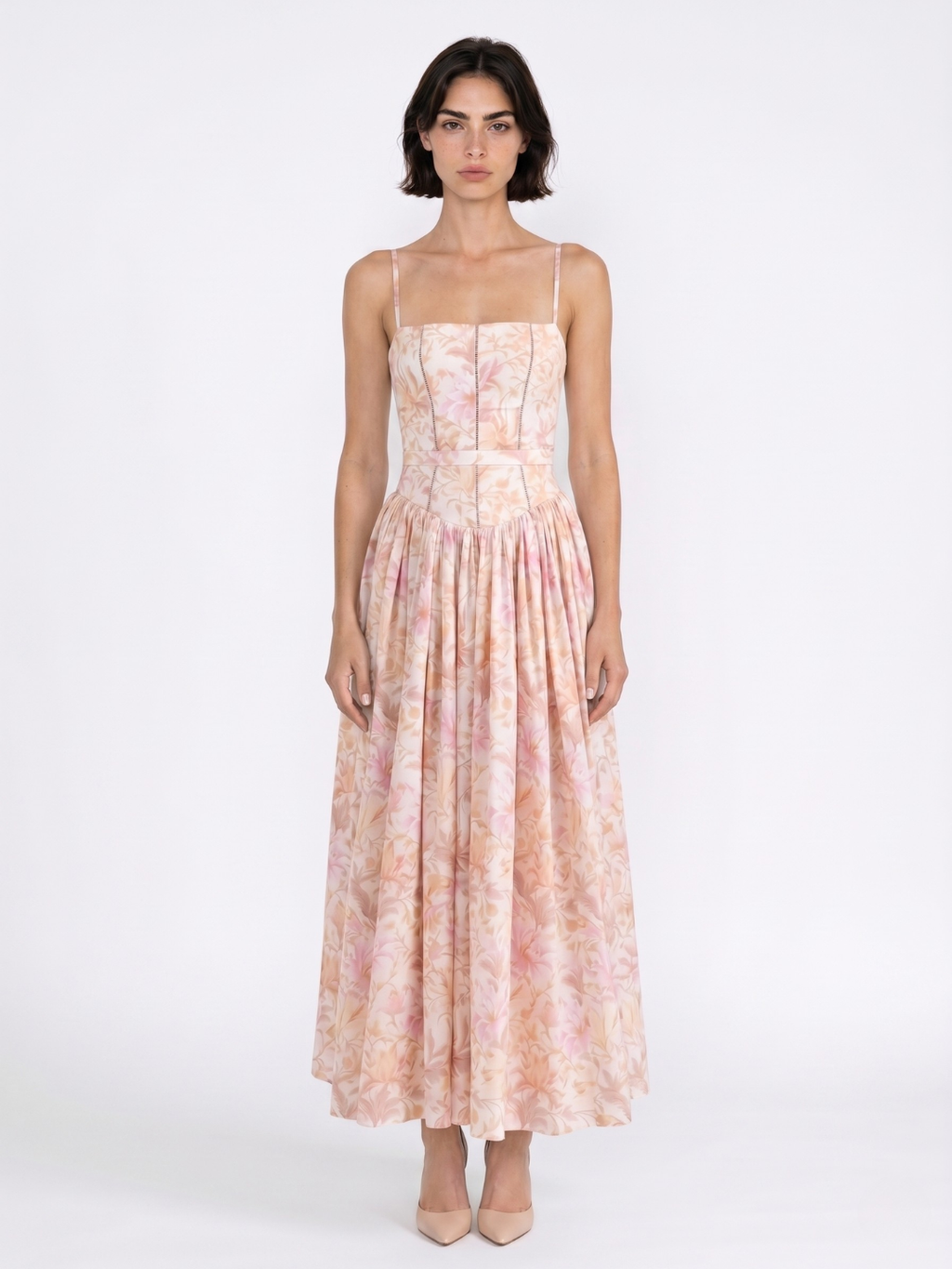 Sage floral spaghetti-strap midi dress with gathered skirt — back view