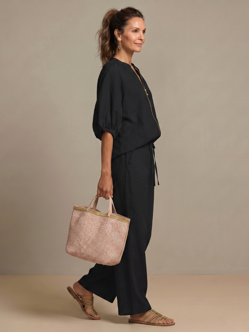 Natalia zip-front blouson top and wide-leg trouser two-piece set — side view