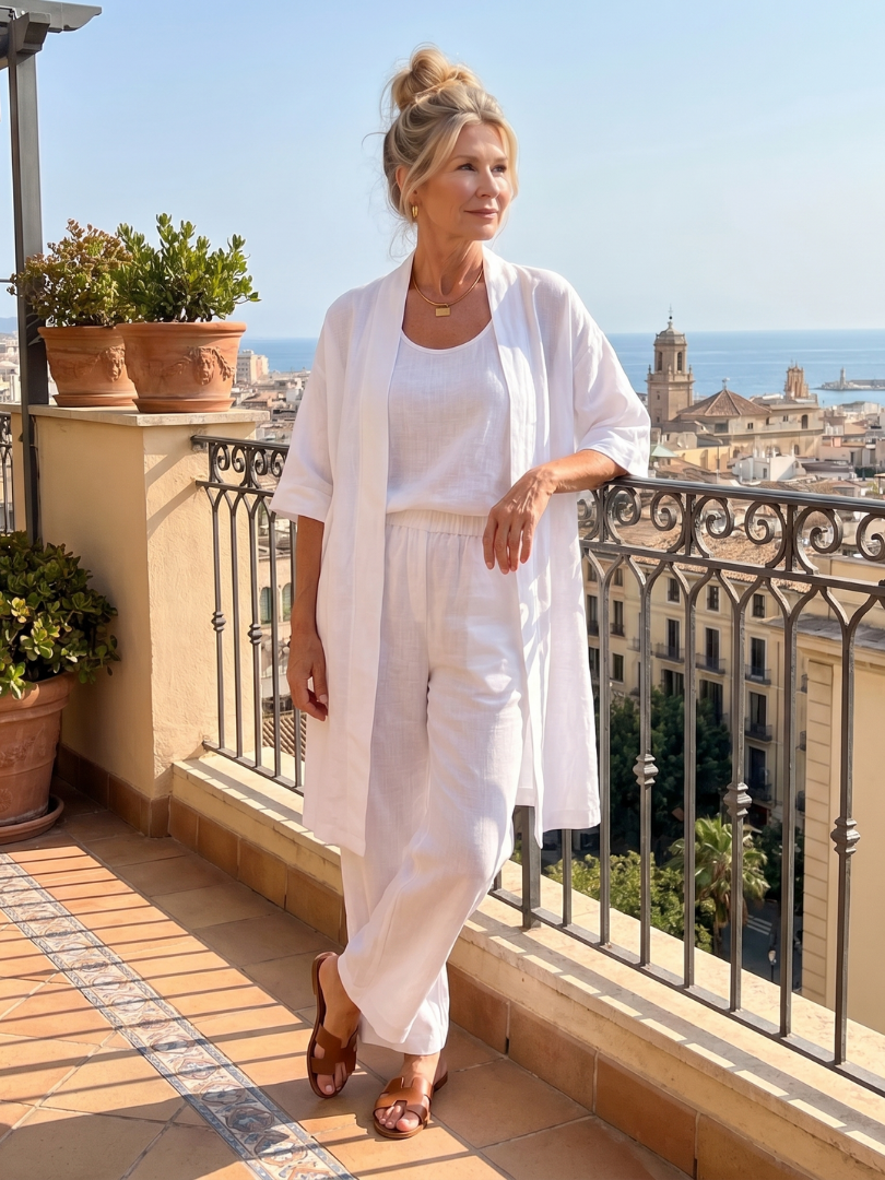 Yael duster, shell top and wide-leg trouser three-piece set — side view