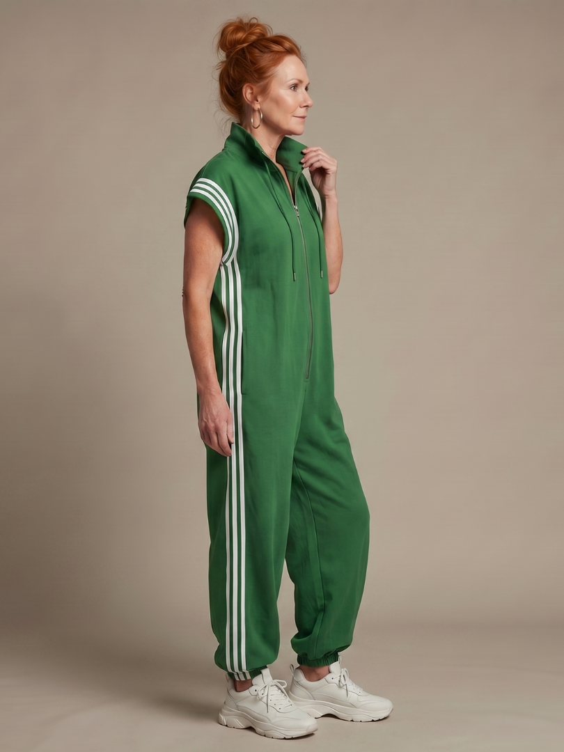 Linnet contrast-stripe zip-front utility jumpsuit — full-length view