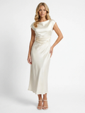 Noa boat-neck cowl-back satin midi dress in white — front view