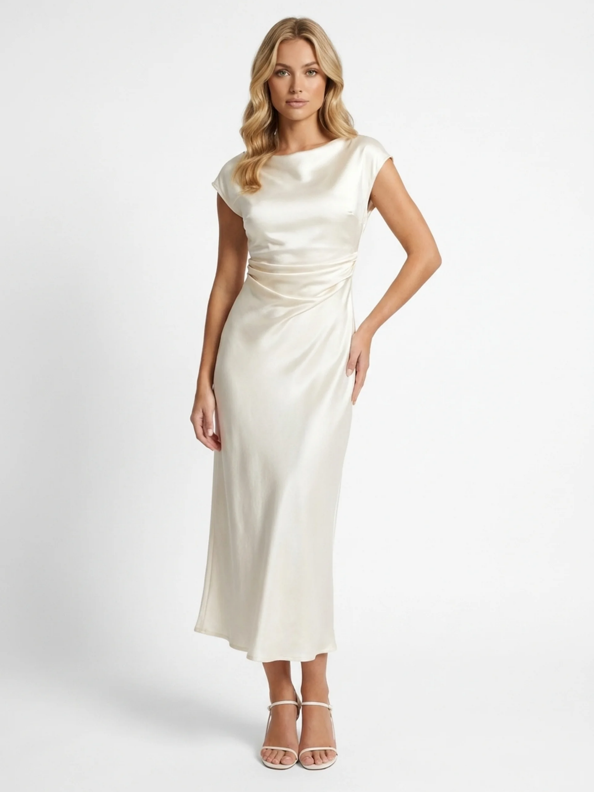 Noa boat-neck cowl-back satin midi dress in white — front view