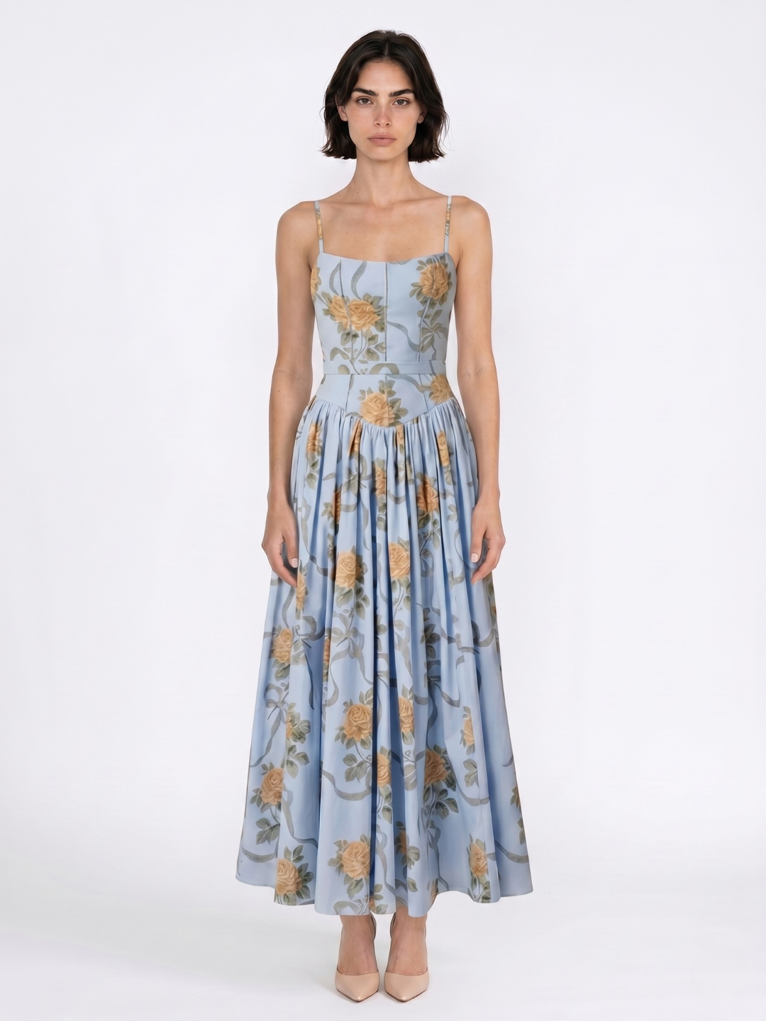 Sage floral spaghetti-strap midi dress with gathered skirt — front view