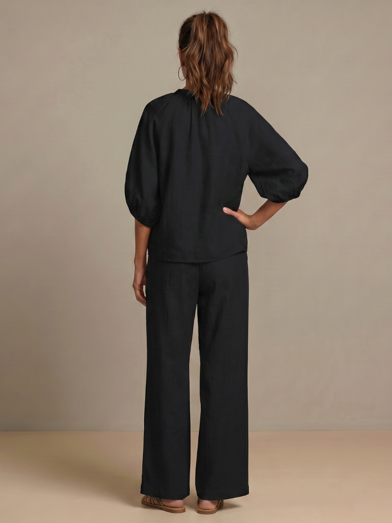Natalia zip-front blouson top and wide-leg trouser two-piece set — styled view
