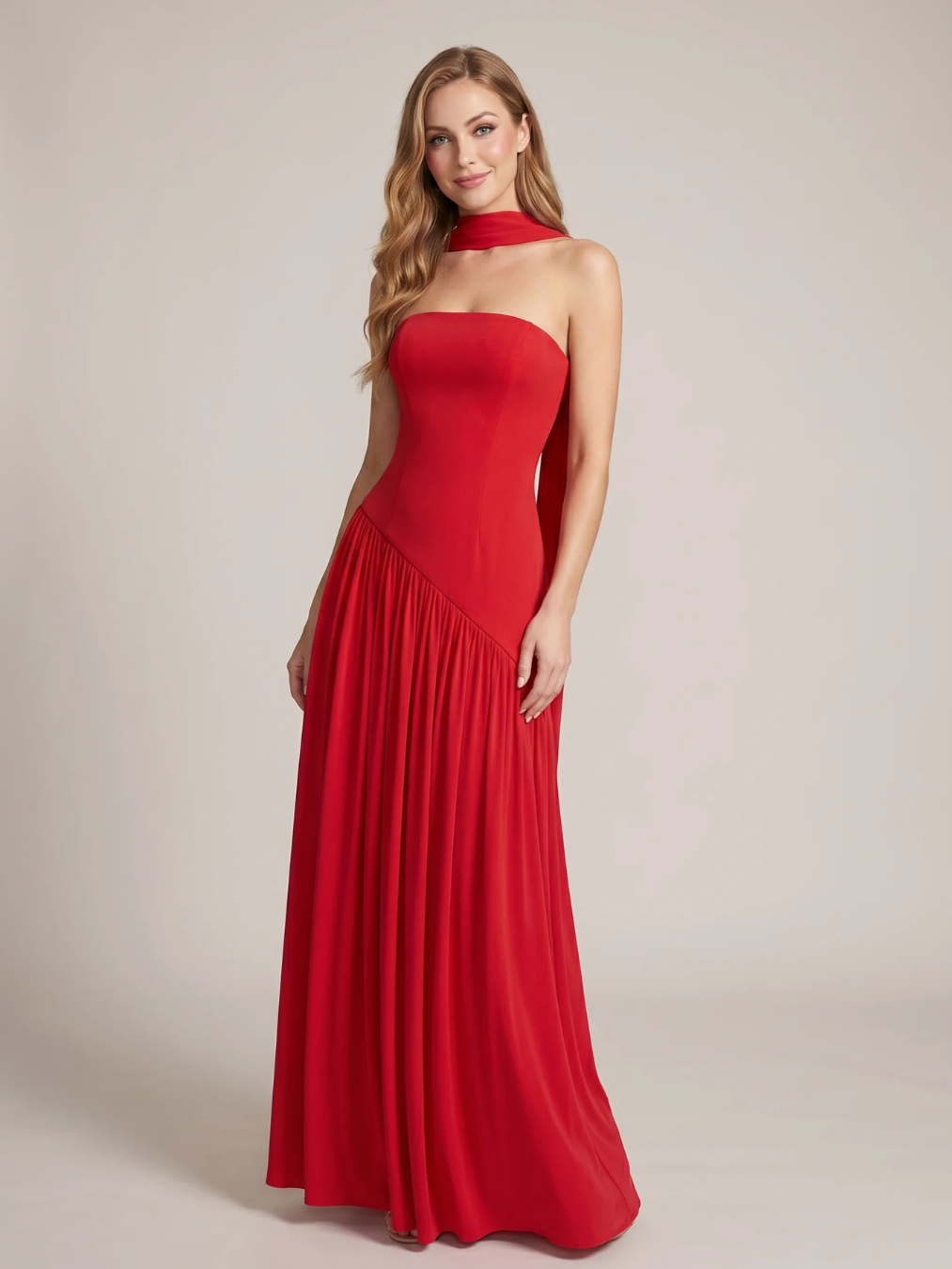 Keira strapless crepe maxi dress with high slit in red — front view