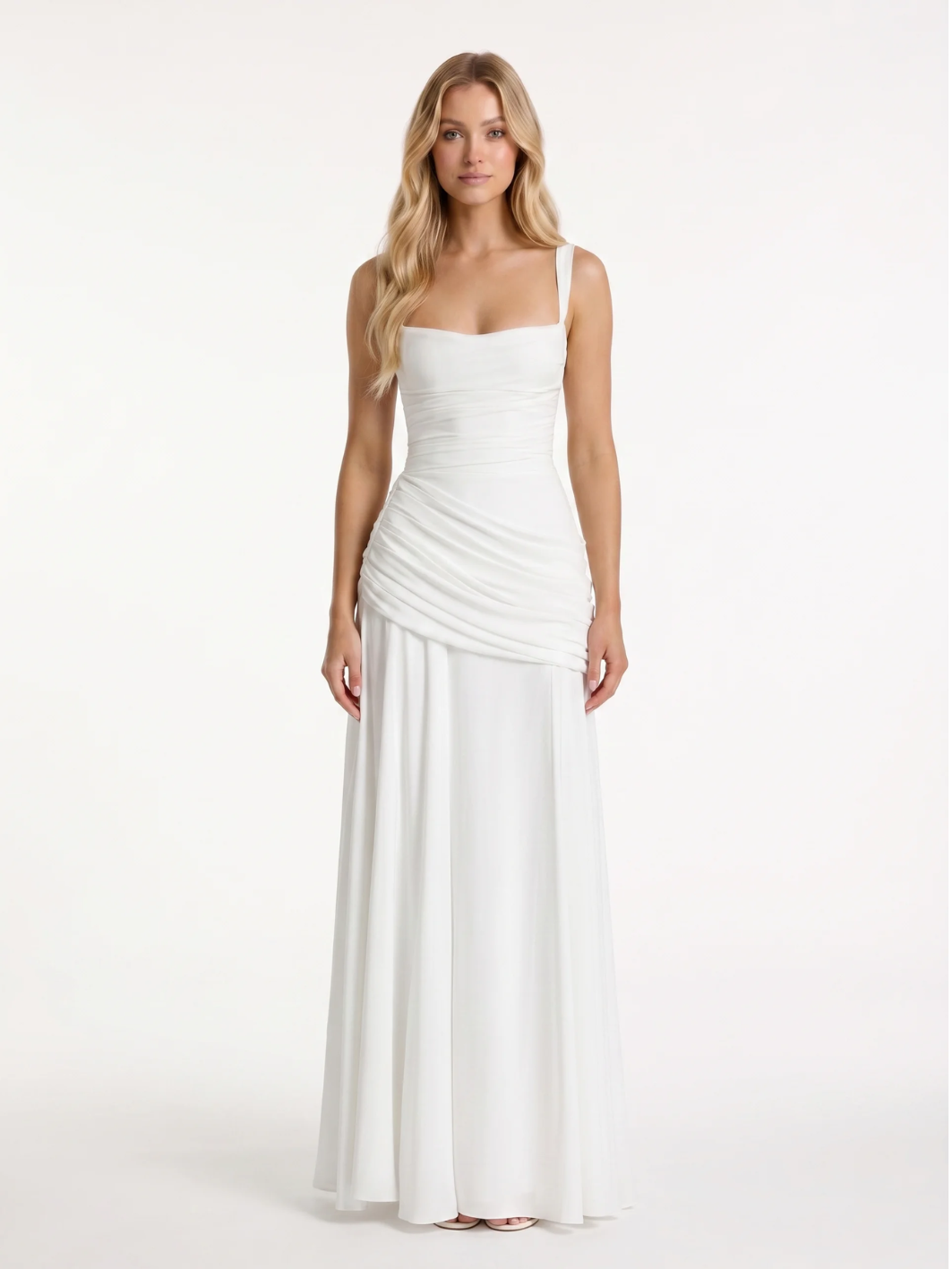 Zara square-neck ruched maxi dress with draped waist — back view