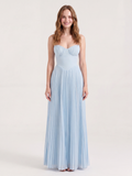 Zinnia strapless pleated maxi dress with shell corset bodice in Light Blue — front view