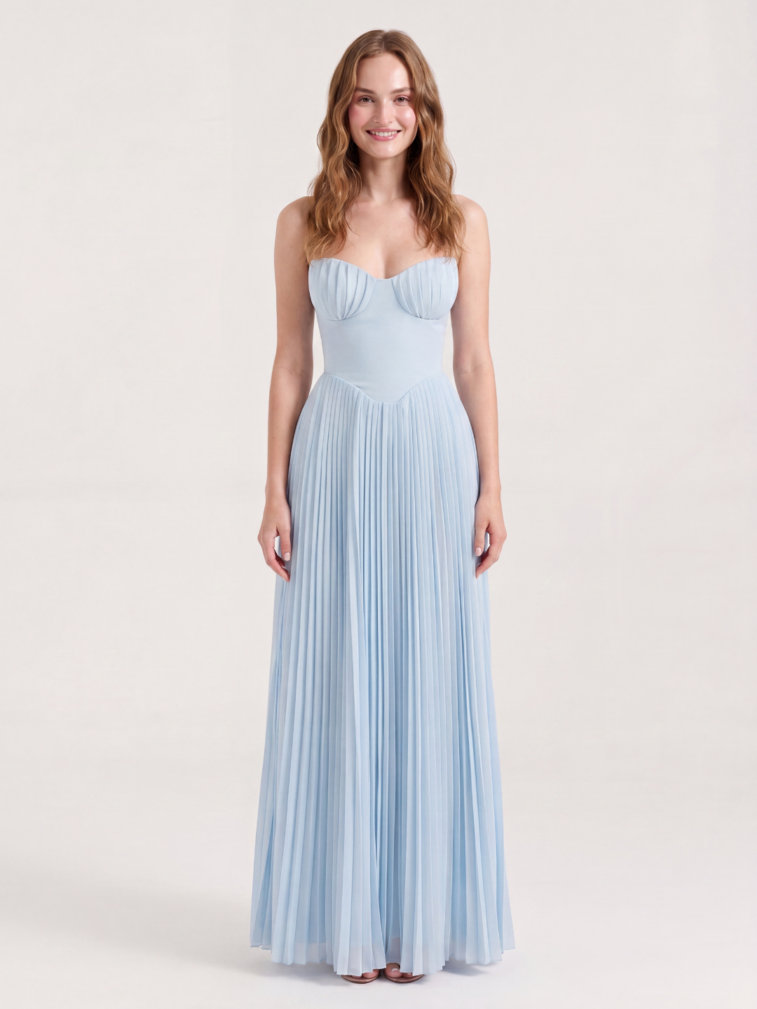 Zinnia strapless pleated maxi dress with shell corset bodice in Light Blue — front view
