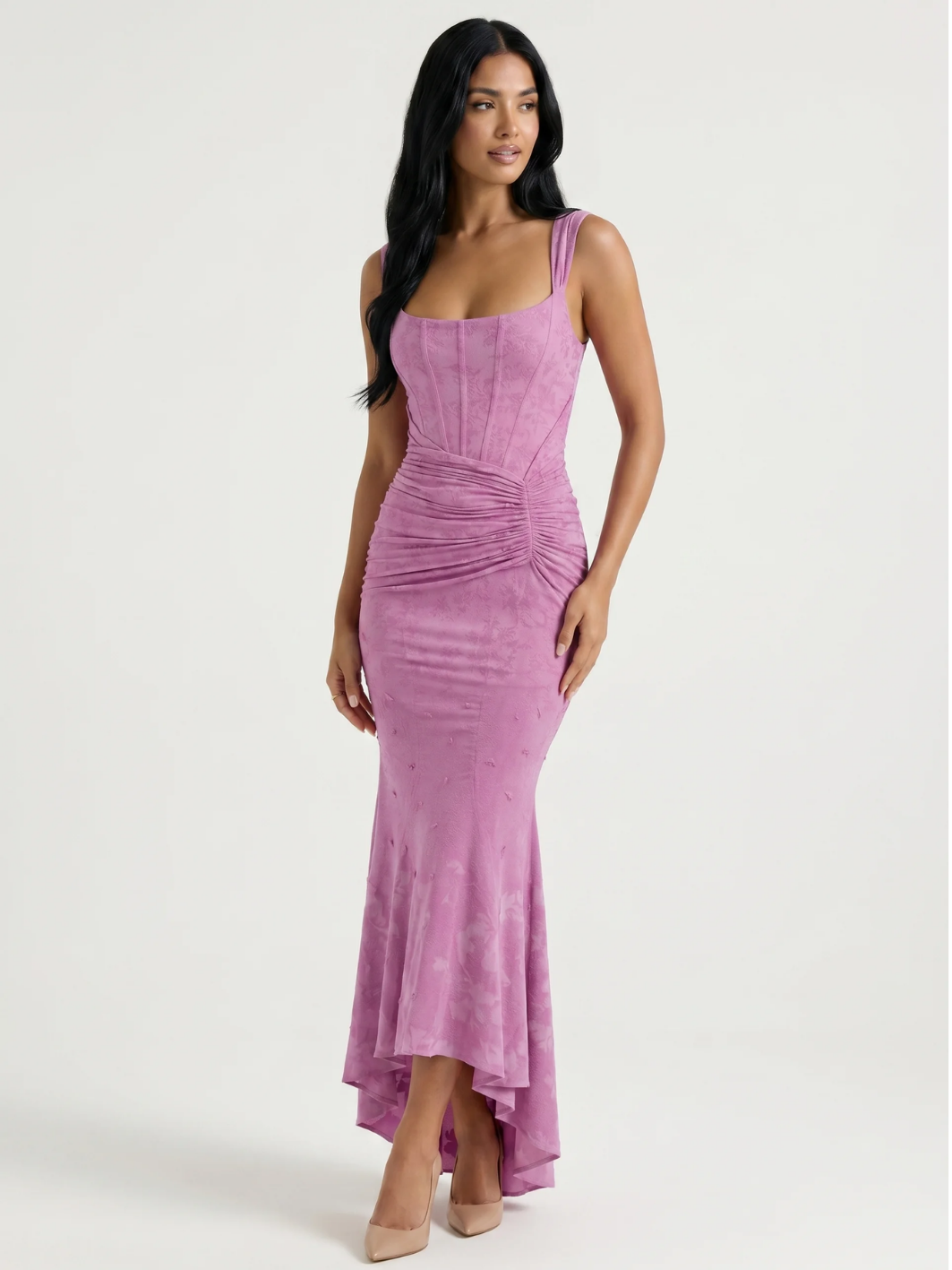 Paige corset bodice ruched high-low midi dress — back view
