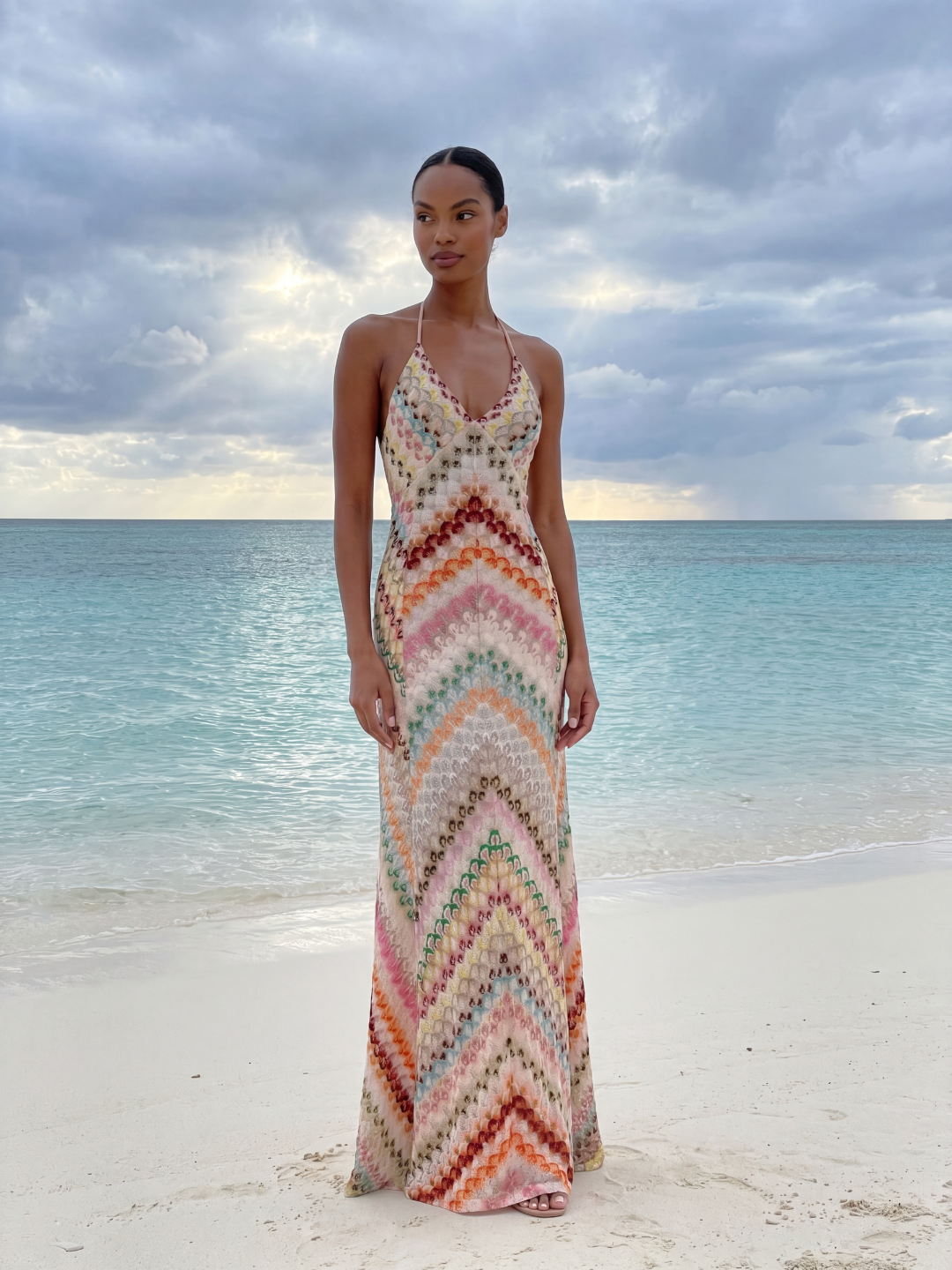 Jules crochet knit chevron maxi dress in multicolour — full-length view