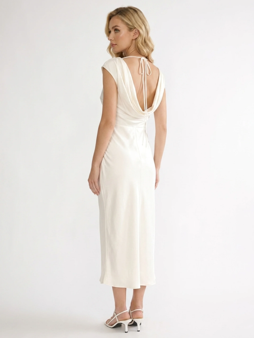 Noa boat-neck cowl-back satin midi dress in white — back view
